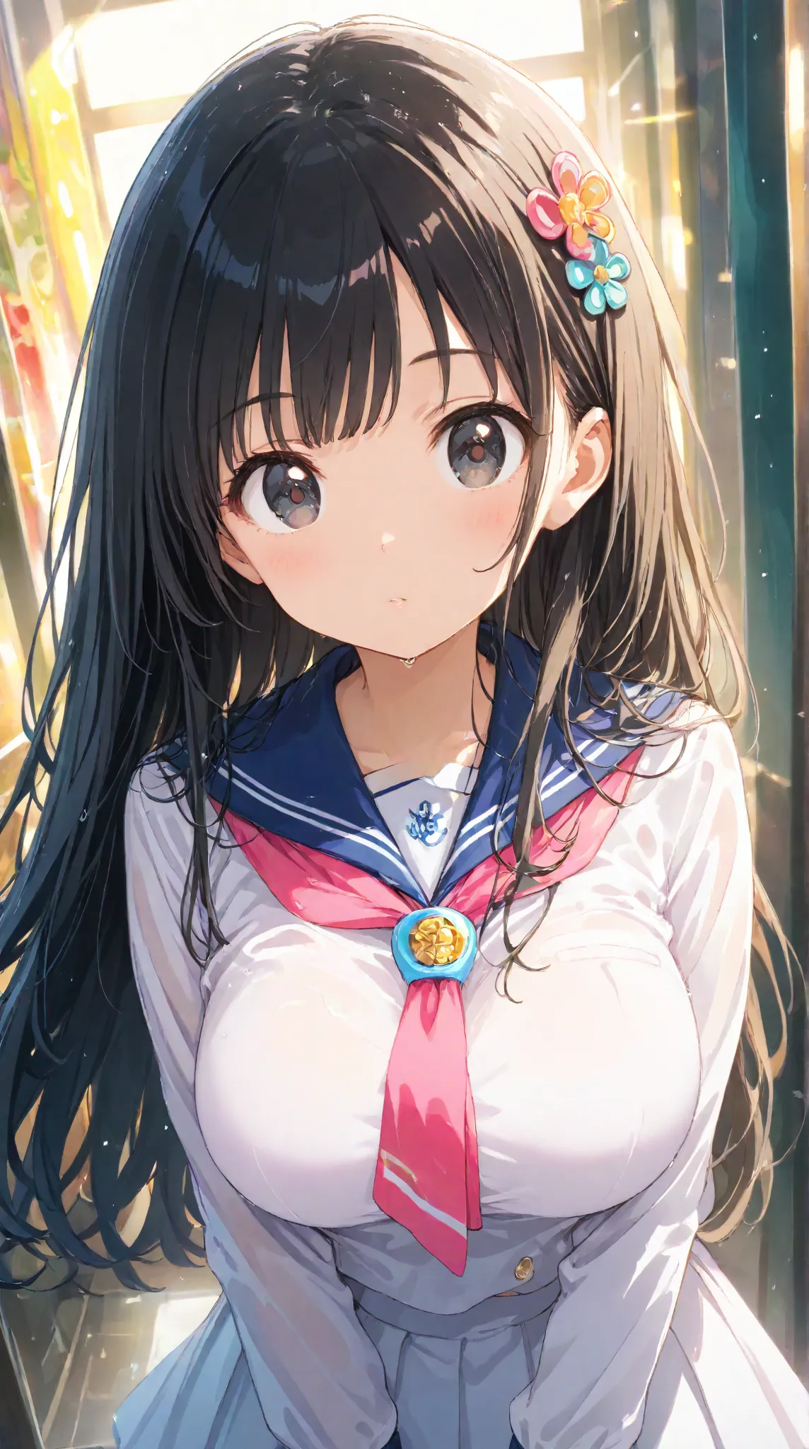 masterpiece,large breasts, long hair, (Black Hair 1.5) , bangs, （1 girl 1.5）,big eyes, Hair Ornaments , 18 years old、Bust Focus、watching viewers，full body,,cheerful, sailor suit、rain