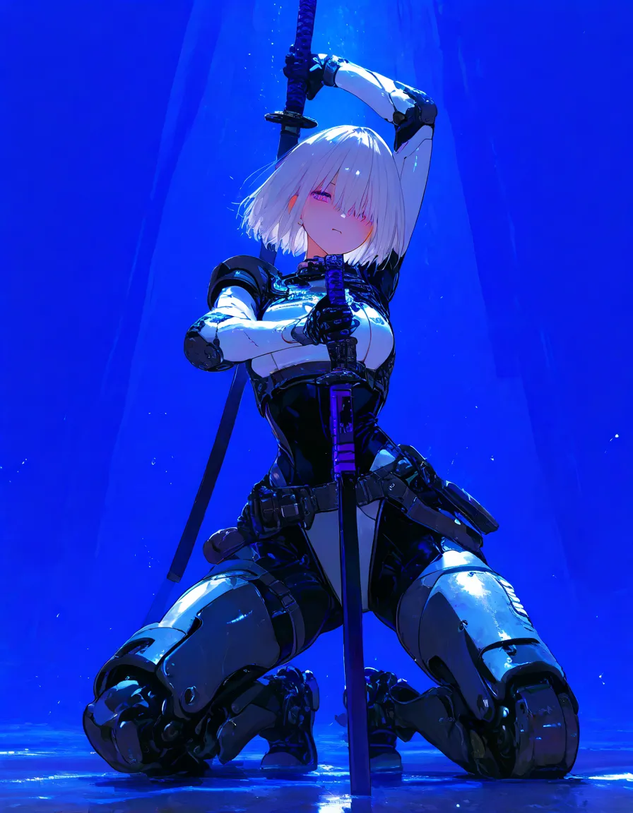 8k Wallpaper、  cute poster  、 masterpiece、最 high quality 、 high quality 、 high detail、 very aesthetic 、 absurd、  latest、（ dance、 pose ）、1 girl is bending down、18 years old、 silver hair、 purple eyes、  short hair、 Cheap store sailor suit 、tockings、 machine a...