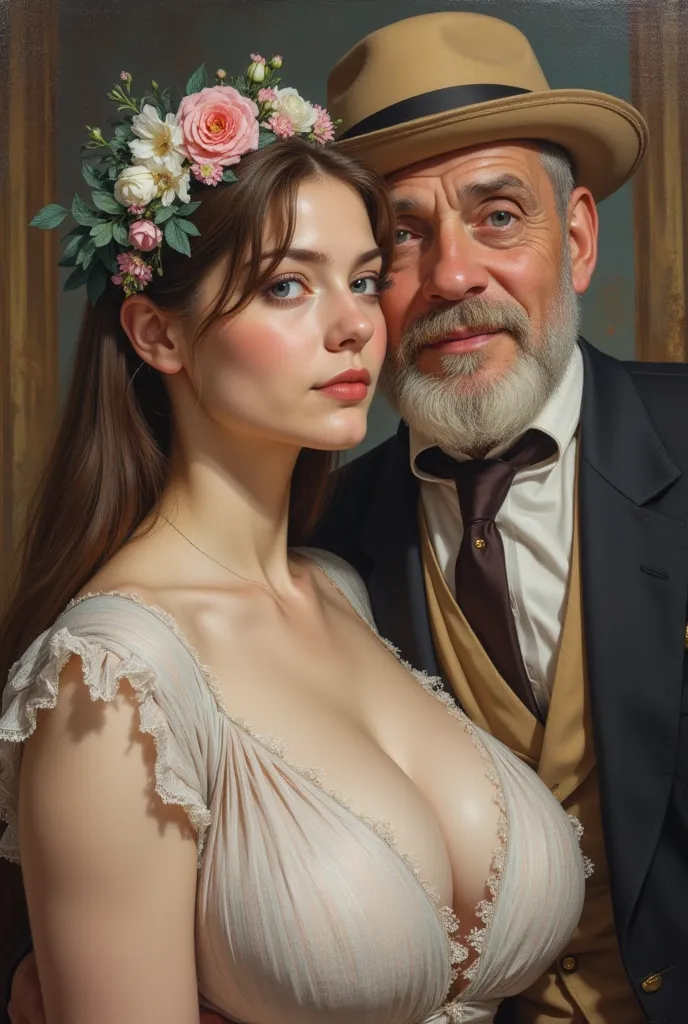 masterpiece，A work that looks like a masterpiece、Impressionism 、Renoir， European style, Looking at the camera, beautiful young girl big breastsLooking at the camera, beautiful young girl big breasts, blue eyes, girl Large neckline, billie eilish face, 1old...