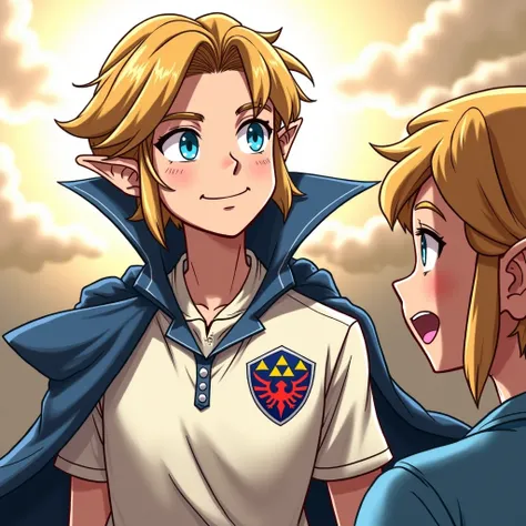 Anime Legend of Zelda King Link wearing a Massive popped collar polo with a collar so high it's taller than his head with power emanating all around him while Laughing at his Princess Zelda who is running away from him scared