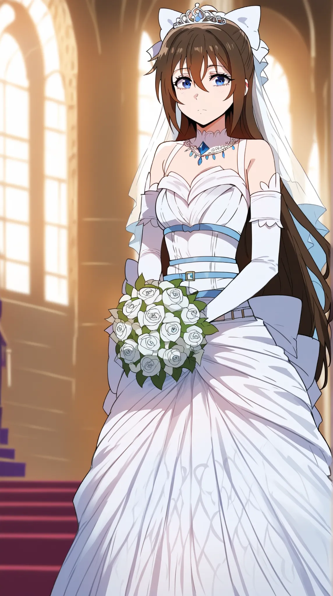 1girl, shizuku ousaka, long hair, bangs, blue eyes, brown hair, bow, ribbon, hair between eyes, ponytail, hair bow, sidelocks, white bow, half updo,   looking at viewer, wearing a white satin ballgown wedding dress, opera gloves, veil, tiara, bow belt, hol...