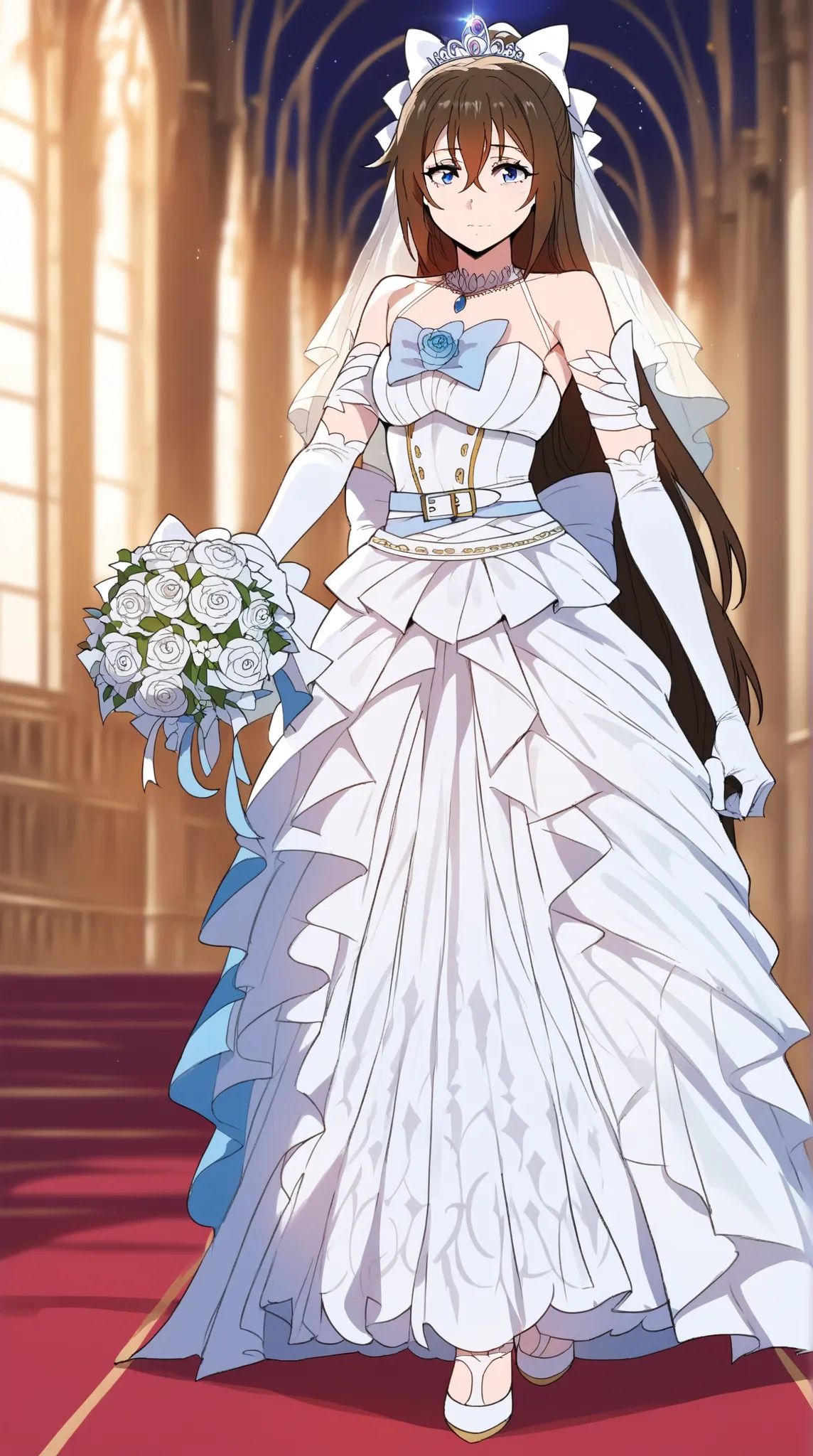 1girl, shizuku ousaka, long hair, bangs, blue eyes, brown hair, bow, ribbon, hair between eyes, ponytail, hair bow, sidelocks, white bow, half updo,   looking at viewer, wearing a white satin ballgown wedding dress, opera gloves, veil, tiara, bow belt, hol...