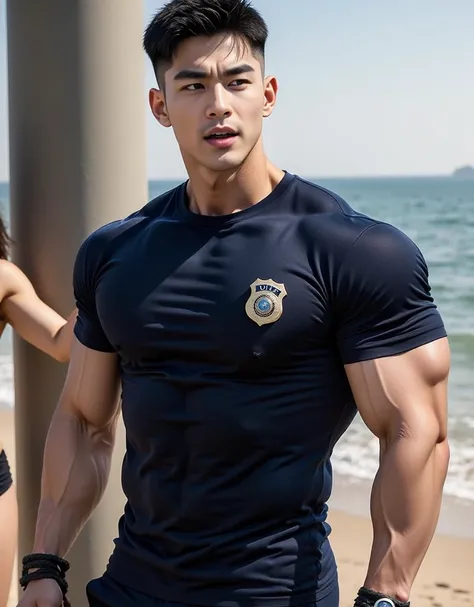 Handsome Korea bodybuilding man skinhead hair , lying against a pillar by the sea, short black hair, short cut, wearing a navy round neck T-shirt is many torn, ((with police badge)), (navy pants), black gloves, eyes closed, mouth wide open, shocked (((with...