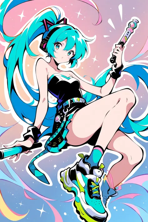 (has the best quality, sketch:1.2),practical, illustration designer  ,cunning，1 girl,   Hatsune Miku  ， delicate lips , Hold the baton in your hand， strapless， Neon long hair  ,  high ponytail green  ， skirt， Put your foot on the sound，sneakers。 masterpiec...