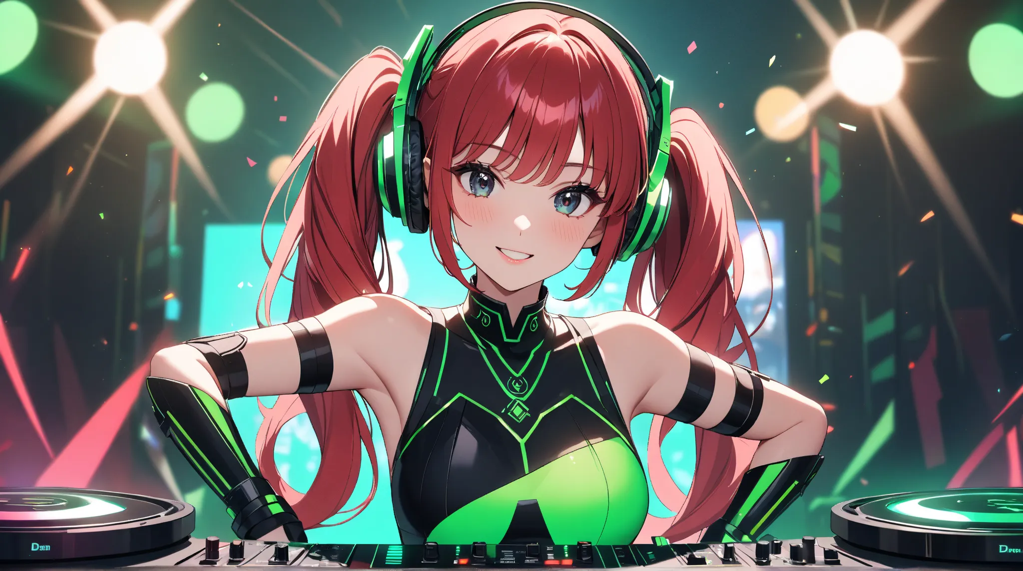 one girl,Black coler must never be used as a uniform color.She is DJing in front of a large audience,her is energetic and smiles as he reacts to the fans' support,A woman wearing a cyberpunk style green color only uniform.Black coler must never be used as ...