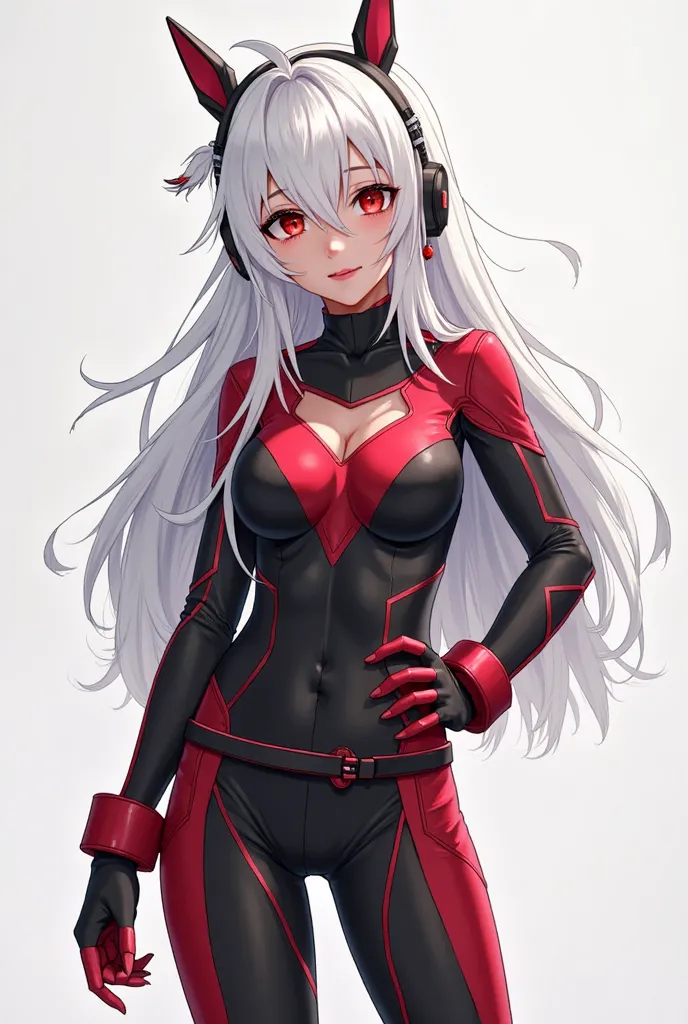 Black, red and white hero costume for a girl in mha style. Leave some parts uncovered, maybe above the chest. Add more white. The girl has white long hair. She is slim. Add accessories on the head. Her hair is loose. Generate whole figure