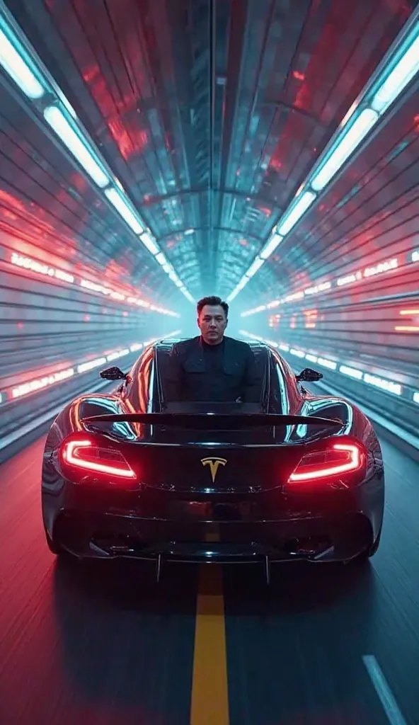 Background: A futuristic Hyperloop tunnel with neon lights flashing past.
Action: Elon Musk, riding inside a Tesla Cybertruck speeding through the tunnel, freestyles about "outrunning time" while the speedometer hits 1000 mph.