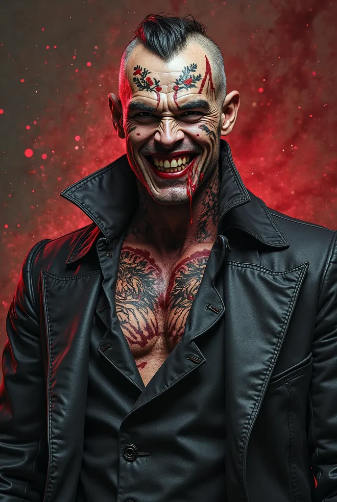 Create the villain Victor Blackthorne smiling with blood on his lips, he is a powerful villain who made a pact with an ancient demon for in exchange for his soul he can use the powers of that demon as he sees fit, He is full of tattoos that expand each tim...