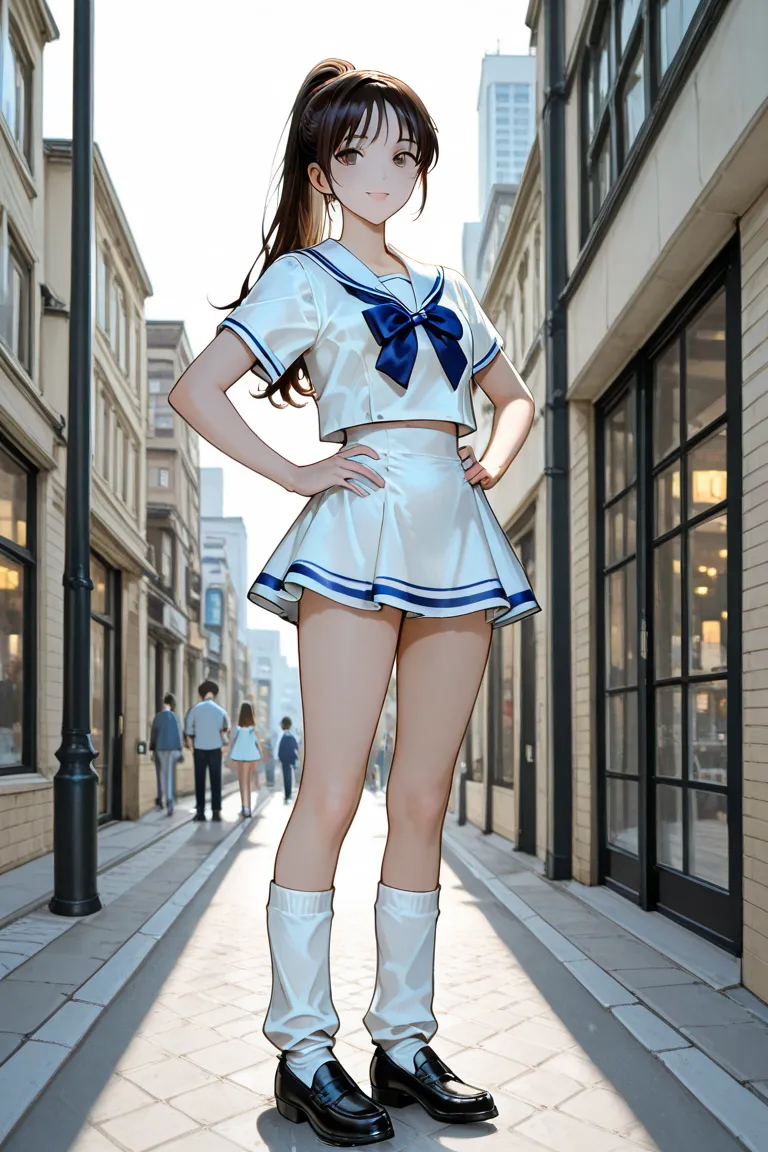 1 girl crouching、Summer daytime、sailor suit with a pretty short skirt、In the city、standing with hands on hips、loose socks、loafers、 clear face、ponytail