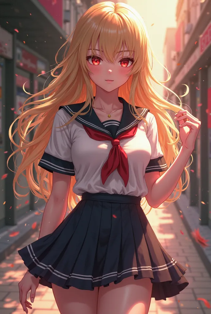 A sexy blond girl with red eyes big boobs and a school uniform and do it with a new anime generation 