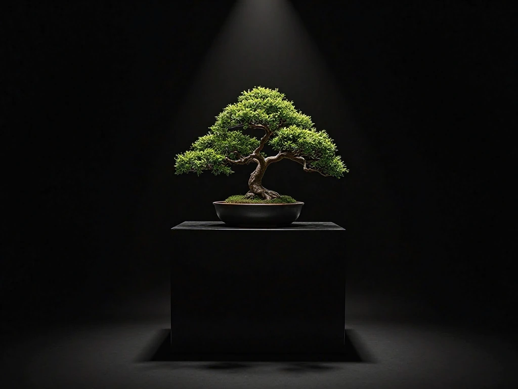 Create a professional, high-end image of a bonsai placed in a completely black space, illuminated by soft, indirect lighting. The lighting should subtly highlight the intricate details of the bonsai’s leaves and branches, creating a sense of elegance and r...