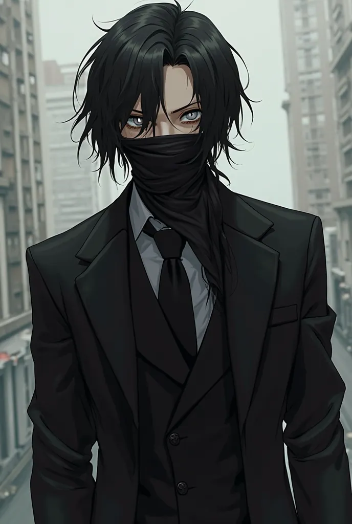 A medium-sized man with black hair, white eyes, that is, no iris or sclera, anime style, wearing a black suit, hands and mouth with full bandages, hair