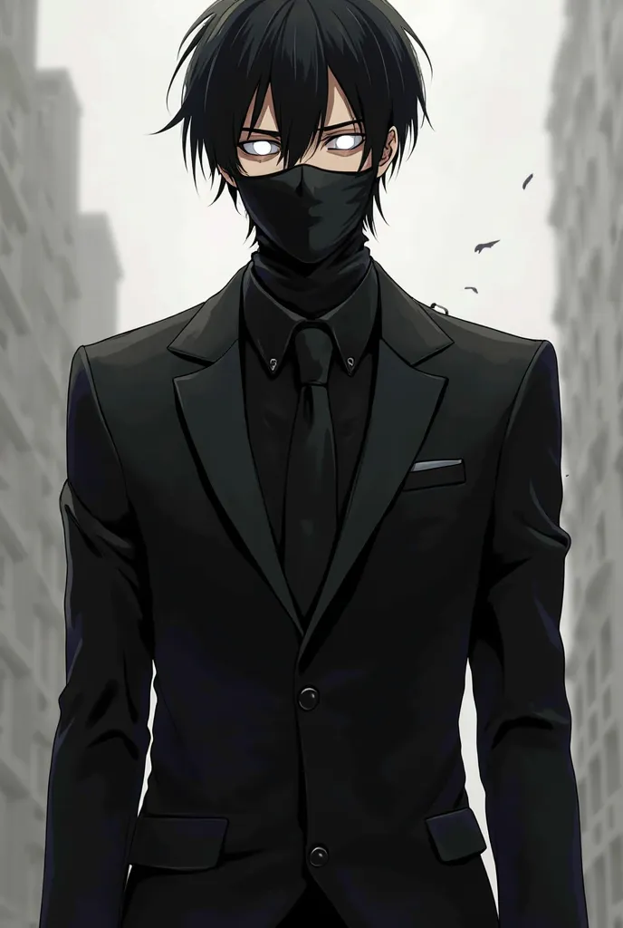 A medium-sized man with black hair, white eyes, that is, no iris or sclera, anime style, wearing a black suit, hands and mouth with full bandages, hair