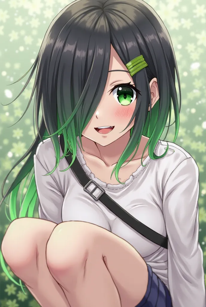 cute japanese woman, black hair, shortcuts,  green hair,  hair to hide one eye, gradient color hairstyle, big breasts, smiles, teeth and laugh, sling, hair clip, hair clip, blurred background, surrealism,  realism , High Resolution, 1 girl crouching, simpl...