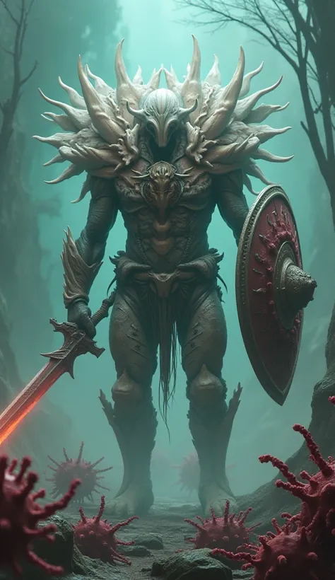 The creature, shaped like human molars, has a majestic appearance, has the English letter “ADC” on its chest, has a sword arm, the other arm holds a shield, is fighting a pathogen that looks like a ferocious monster.