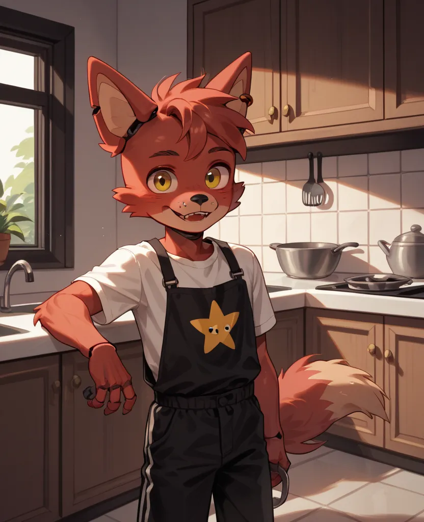 1 male 16 y.o. young Foxy, fnaf. Cute boy. Young boy body anatomy. Thin body anatomy. Standing in Kitchen. Black Tanga