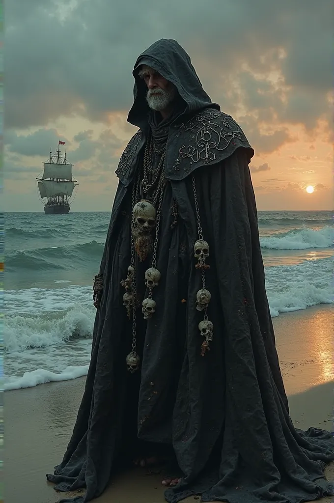 A man wearing a cape with esoteric symbols with several skulls attached to the chain at the edge of the beach waiting for a pirate ship with a black flag and a skull on the flag