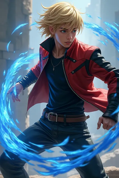  male　Beautiful Youth　golden hair　red and black rider jacket　 Black Leather Pants 　Handling blue qi　Fighting style melee　 black shirt 　medium hair