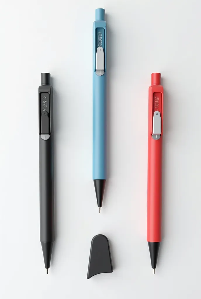 Design a push-type, multicolor marker with a retractable, minimalist, and thin dispenser. The marker should have a single tip that dispenses three main colors—black, red, and blue—but can be customizable to dispense other colors. The tip should resemble a ...