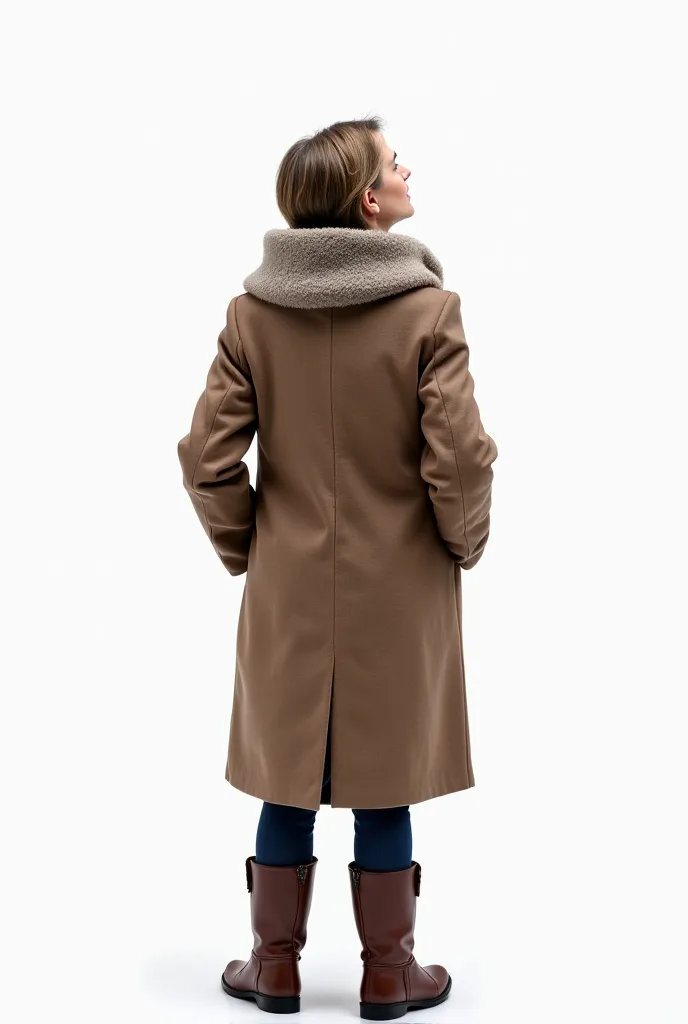  A woman, 50 ans.  back view. You can't see his face. Wear a winter coat, brown boots. Les mains dans les poches.Regarde vers le ciel. fingers. white background