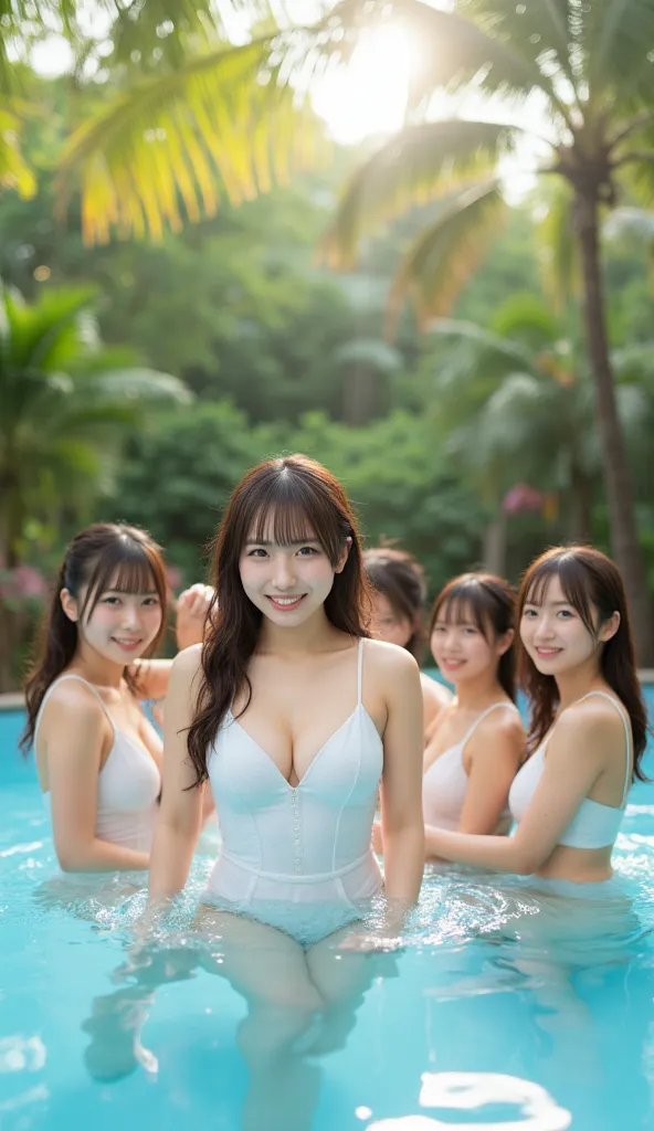 (masterpiece、best image quality、photorealistic to tilt your head to the left)、cute Japanese girl with a slightly bad complexion、5 people、((Wearing a simple white one-piece swimsuit))、Everyone playing together in the resort's shallow pool