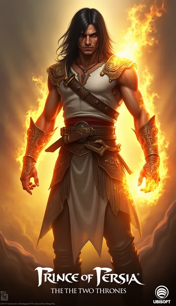 This image appears to be a digital artwork or game illustration depicting a warrior character in a fantasy setting. The central figure is a man with long dark hair, wearing a white and gold outfit with ornate detailing. He has a fierce, determined expressi...