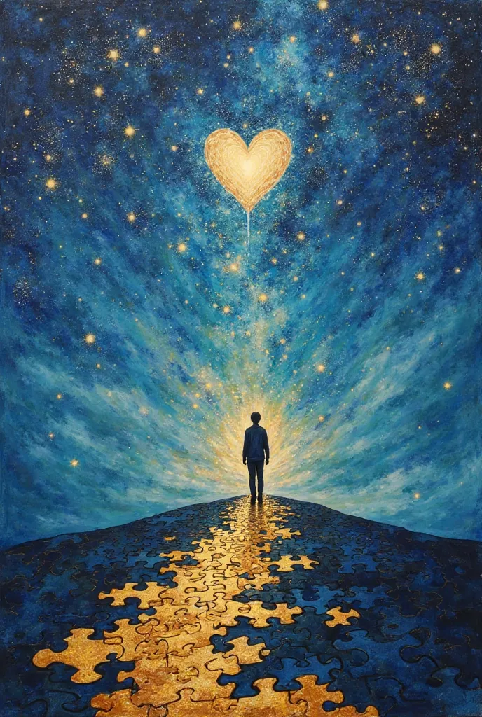 This artwork represents a dreamer’s journey, showing a person gazing at the sky filled with stars, symbolizing endless possibilities. A path made of puzzle pieces leads from their heart to the sky, illustrating how dreams are built piece by piece through e...