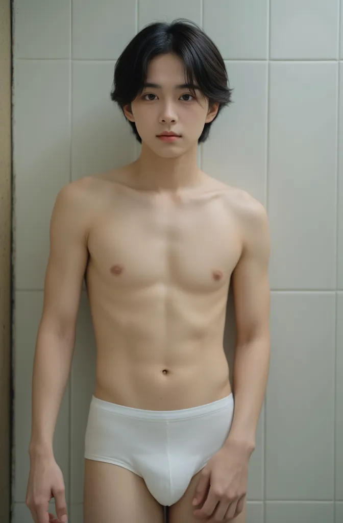 1 boy、 pretty boy、18 years old、Japanese ager、 black hair、white underwear、short hair、crotch bulge、naked、Baby Face、全naked、full body,dark eyes,shower room