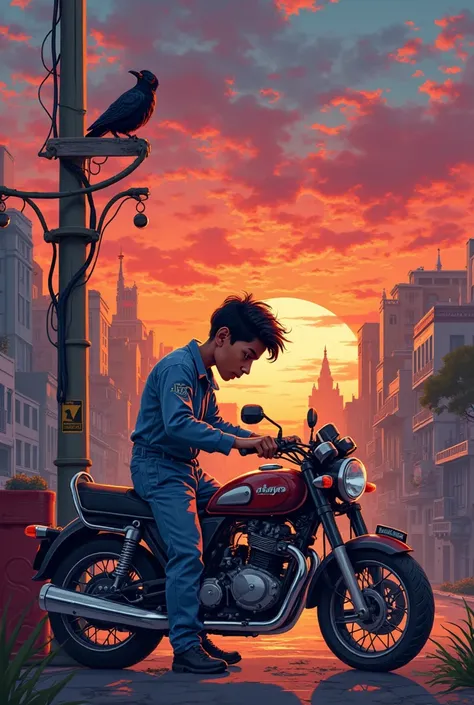 Plaza Venezuela in Caracas at dawn a young mechanic fixes a motorcycle wearing grease-stained jumpsuits and the sky is dyed red and two crows watch from a pole. Illustrate it like a cartoon