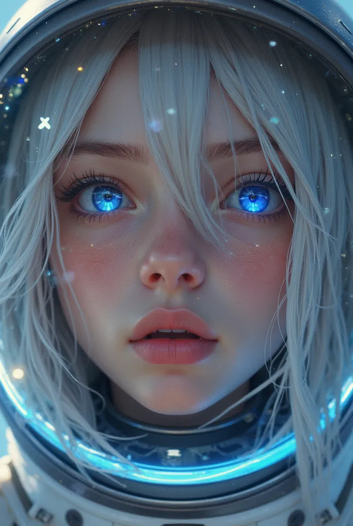 Close-up of the best masterpiece:1.5)0.9], (Space and astronauts:1.2) (Loose silver hair:1.1) (heterochromia: xanthochromia and blue eyes:1.2) (Space helmet:1.0) ( Colored stars in the eyes:1.0) (Shining light:1.1) (full lips:0.9)