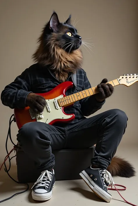  An Angora cat wears a black flannel shirt, black pants,   cool sneakers  , sitting backwards holding a guitar .