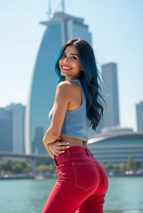 "Create an real 30 age hot v shape body women with big booty & big boobs and blue & black colored hair hot pose image with legs.This girl is Sri lankan hot look adult girl with fair skin. She is wearing a side open denim tight skirt & red color skinny and ...