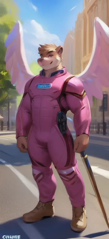  alone, male Tall​,huge​ body​, stand,Holding the magic staff of an angel.,angel Two wings long, road,Pink pig otter ,  pink military spacesuit commander ,  heavy overload,  muscle bundle, Smirking ,by chunie ​