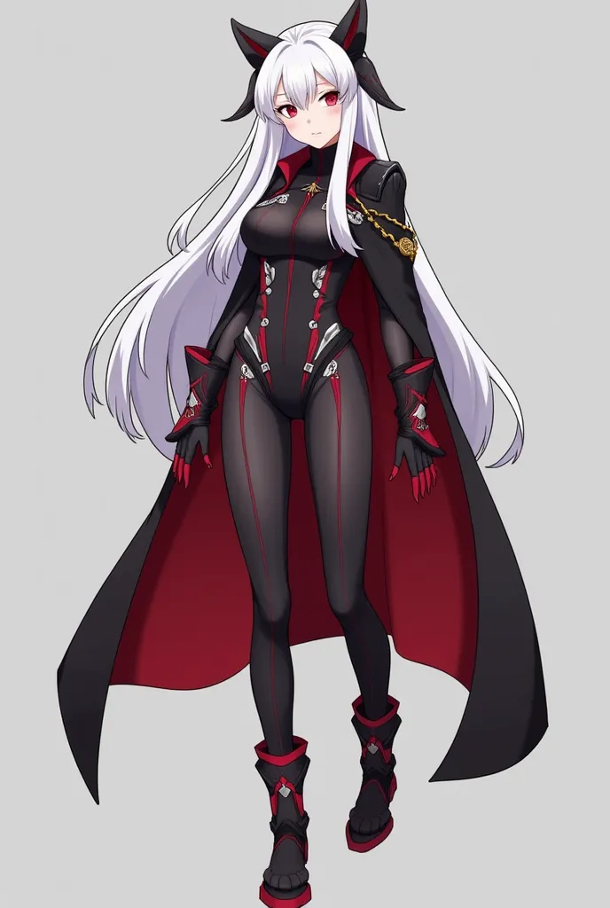 Black, red and white hero costume for a girl in mha style. Leave some parts uncovered, maybe above the chest. Add more white. The girl has white long hair. She is slim. Add accessories on the head. Her hair is loose. Generate whole figure. Add more white, ...