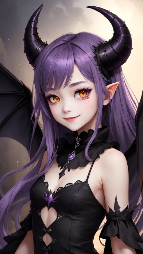 (masterpiece:1.3, best quality:1.3, ultra detailed:1.2)
(demon girl tribute:1.3, anime style:1.2, virtual youtuber:1.1)
(front view:1.1, upper body portrait:1.1)
(beautiful young demon girl:1.4)
BREAK (purple hair:1.3, yellow eyes:1.3, small demon horns:1....