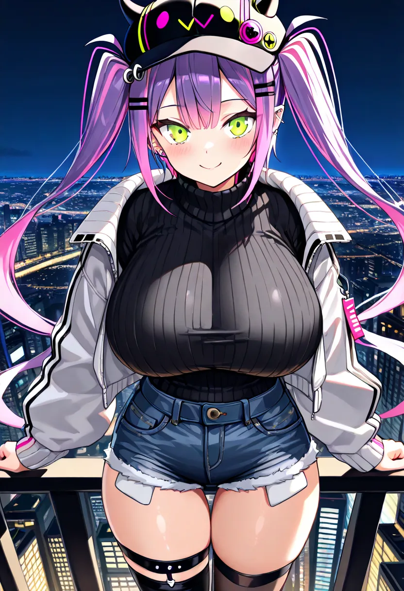 (highest quality , 8k , masterpiece , incredibly absurdres , perfect body , super detailed skin , highly detailed eyes and face , 1 woman ) , tokoyami towa , purple Hair , Green eyes , smile ,  will be happy , ( jacket ,  tight sweater,  ultra short denim ...