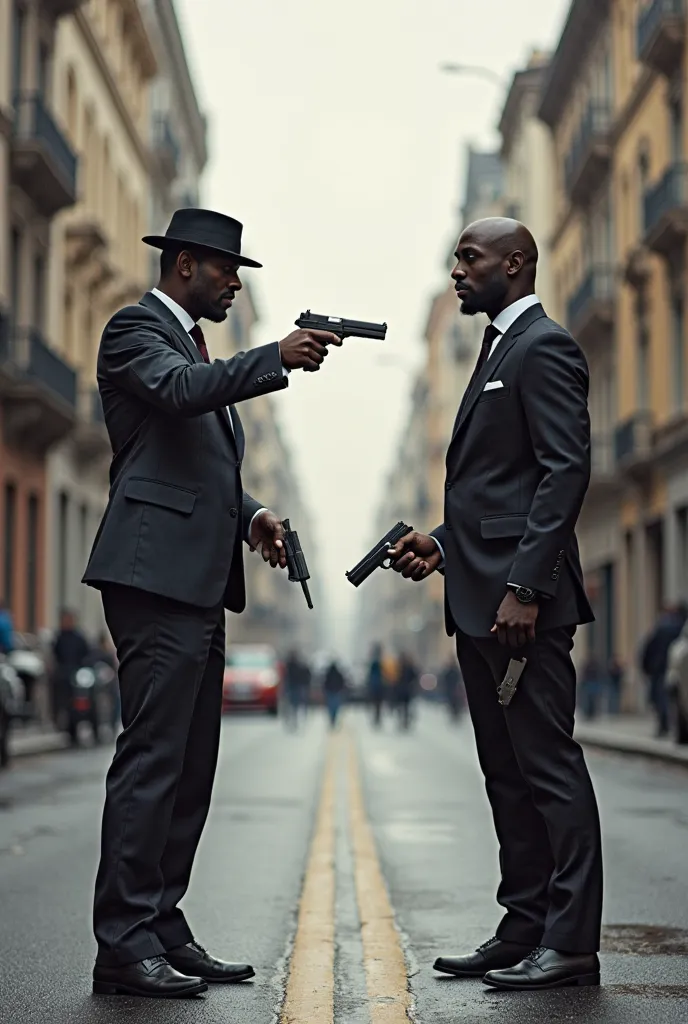 Two men at a distance, one with a gun in his hands pointing at another man , and the other with a knife in his hands, are standing opposite each other . On the street in an urban city, men are made in a fantastic style