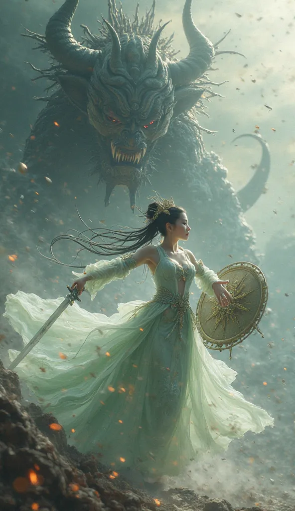 THE KOREAN FEMALE CREATURE HAS A GORGEOUS GODDESS APPEARANCE, HAS THE ENGLISH LETTER “A D C” ON ITS CHEST, HAS A SWORD ARM, THE OTHER ARM CARRIES A SHIELD, IS FIGHTING A PATHOGEN THAT LOOKS LIKE A FEROCIOUS MONSTER. HIGH RESOLUTION IMAGE