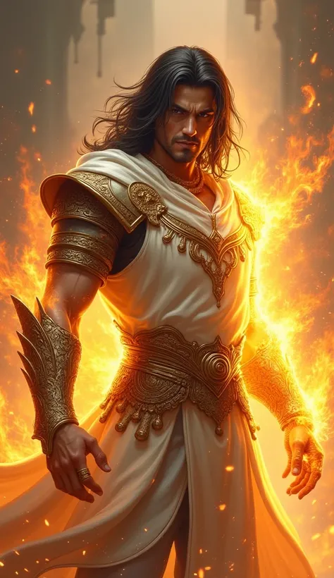 This image appears to be a digital artwork or game illustration depicting a warrior character in a fantasy setting. The central figure is a man with long dark hair, wearing a white and gold outfit with ornate detailing. He has a fierce, determined expressi...