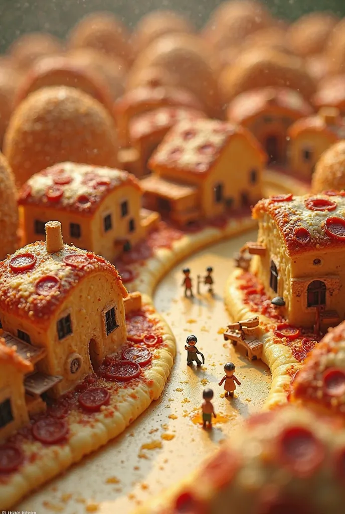 "A tiny, lively town built entirely of pizza ingredients: cheese rivers, pepperoni rooftops, and a golden-baked pizza crust ground. Tiny figurines of chefs and townspeople made of dough are seen walking around, carrying mini slices of pizza. The scene is w...