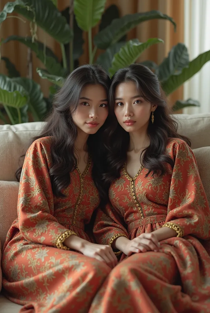 (photorealism:1.2), two beautiful woman, sitting on sofa, free hair, indoors, soft lighting, plants in background, cozy room, relaxed pose, realistic, intricate details, posing for camera, baju kurung