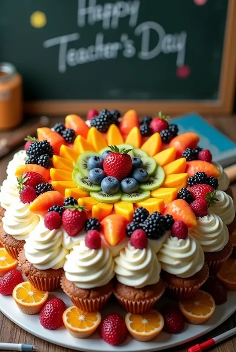 200 cupcakes are lined up with cream and turned into a big cake with a circle of fruit in the middle with chocolate writing Happy Teacher's Day with pencil, book, and fondant on a blackboard