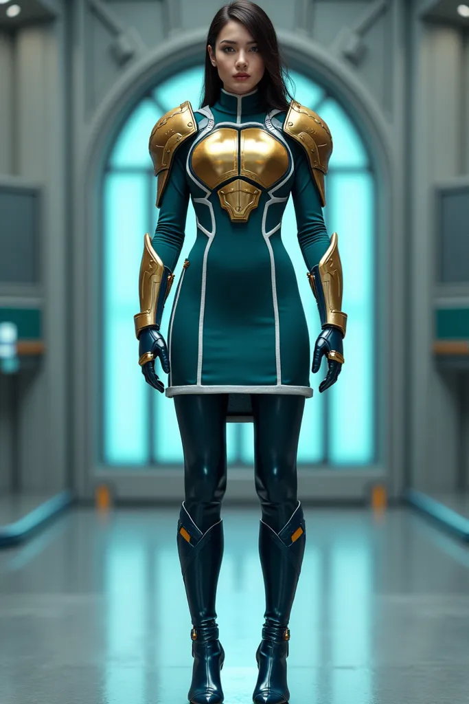 A futuristic soldier stands at attention in a sleek, high-tech room with glowing blue panels and metallic walls. She wears a form-fitting teal dress with a medium-length hem, bordered with white trim, resembling a uniform. A metallic gold chest plate with ...