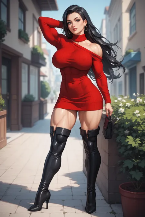  muscular woman , curvy body, wide hips, slender figure, big breasts, long hair, black hair, topless, thick and muscular legs, is coming, red sweater dress, very defined legs, leg muscle, black stockings, thigh-high heel boots,  long boots, Do bicep flexio...