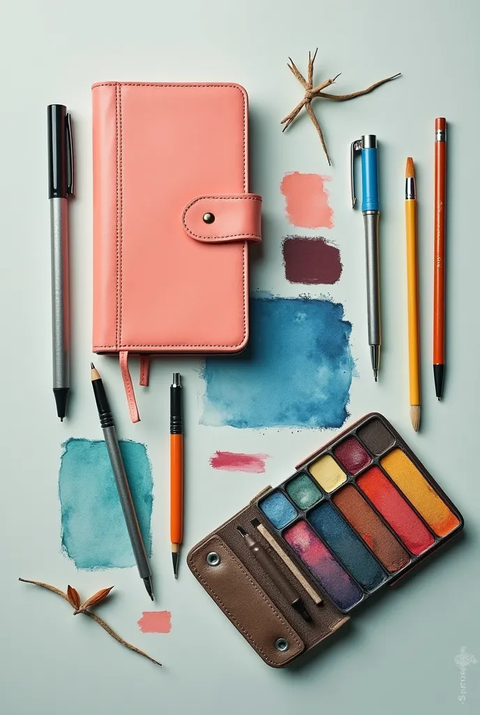 image: A set of compact materials (Small notebook, pens, watercolor in case, etc.).