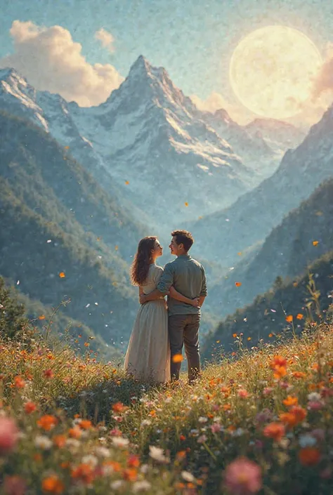 A picture of a mother and father on the mountain with flowers and a wonderful nature looking at the moon 