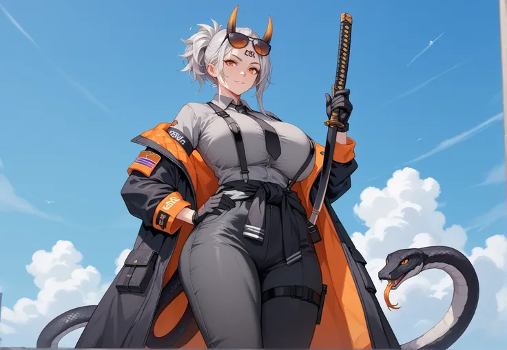 1 girl, adult, Huge breasts, Big ass, Orange eyes, standing with left arm on hips, Gray shirt with gray collar and black suspenders and black tie and black gloves on both hands and black armband with kanji writing in white, Dark gray pants, Black shoes, Bl...