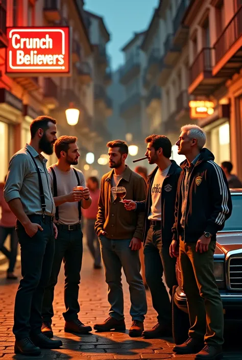 A cinematic, hyper-realistic scene set in the heart of a European city at night, with a vintage aesthetic. The atmosphere is lively, with narrow cobblestone streets filled with people engaged in conversation and drinking. The surrounding old buildings exhi...