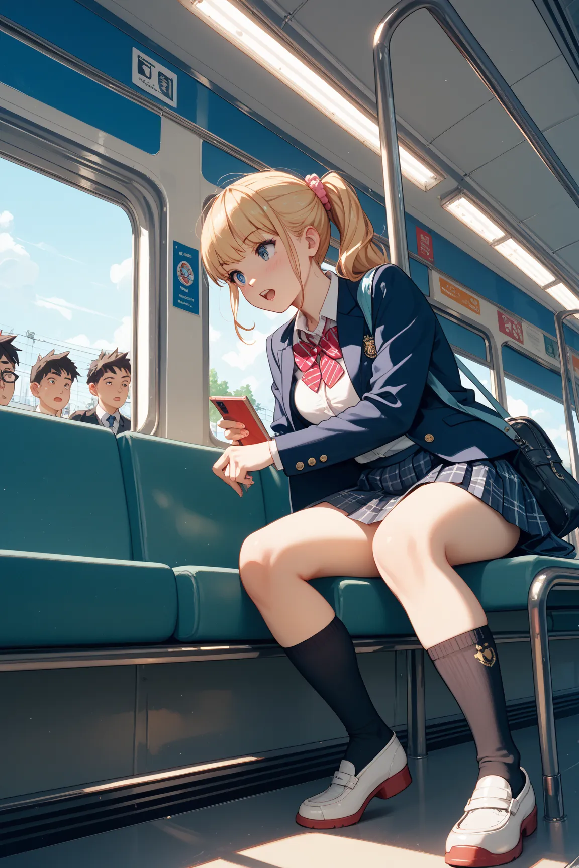 female college student、uniform、black knee-highs、Upskirt Peeping、in a train