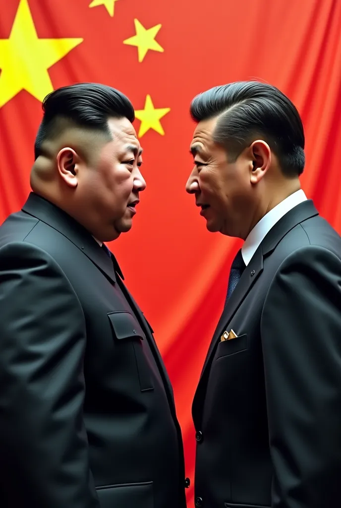 Kim jong un with china flag behind and xi jinping with north korea flag behind. Shouting angry i am the better leader